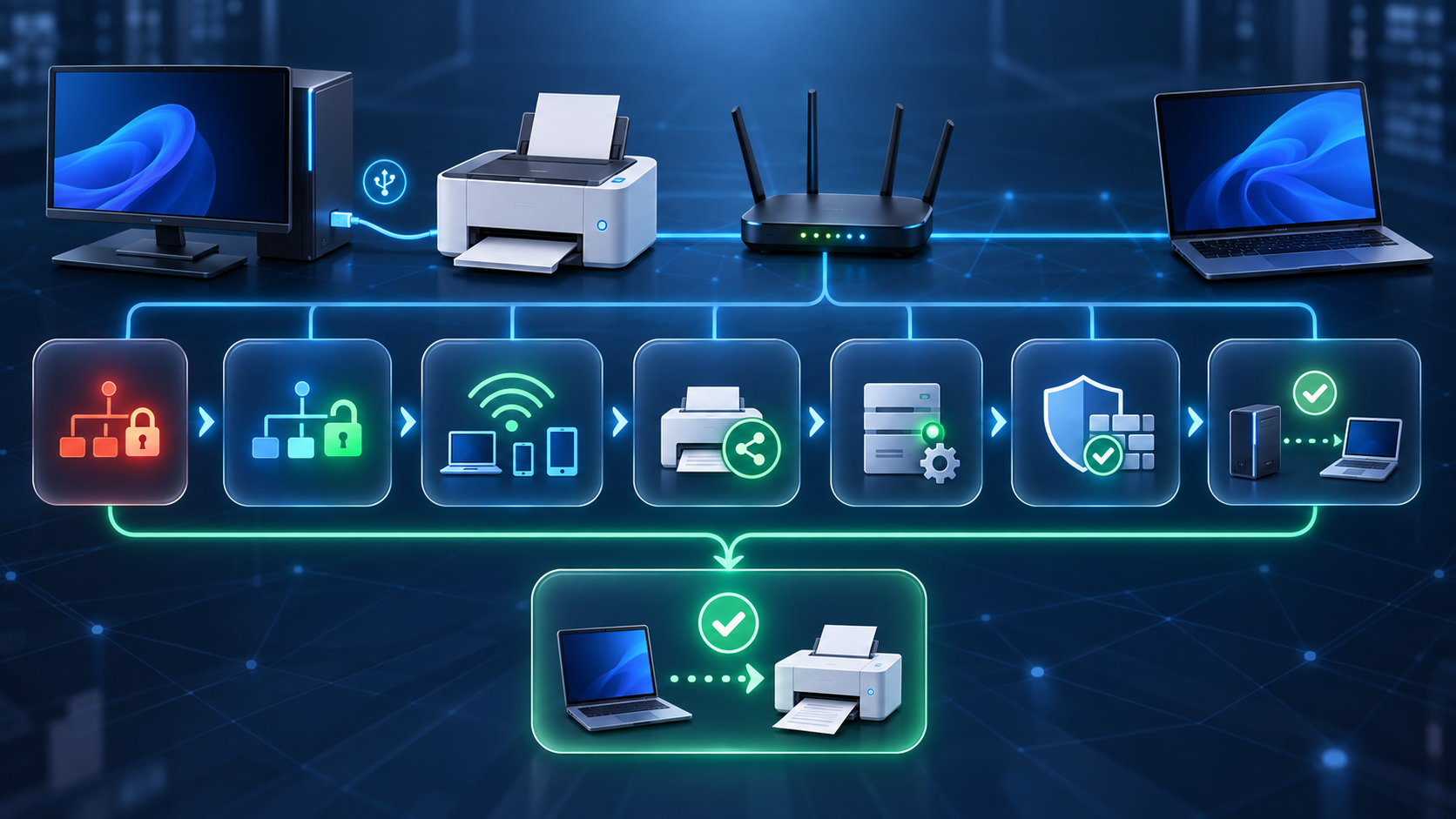 Diagram alur troubleshooting Cara Mengatasi Windows 10/11 Gagal Share Printer di Jaringan LAN - Edisi 20260916
