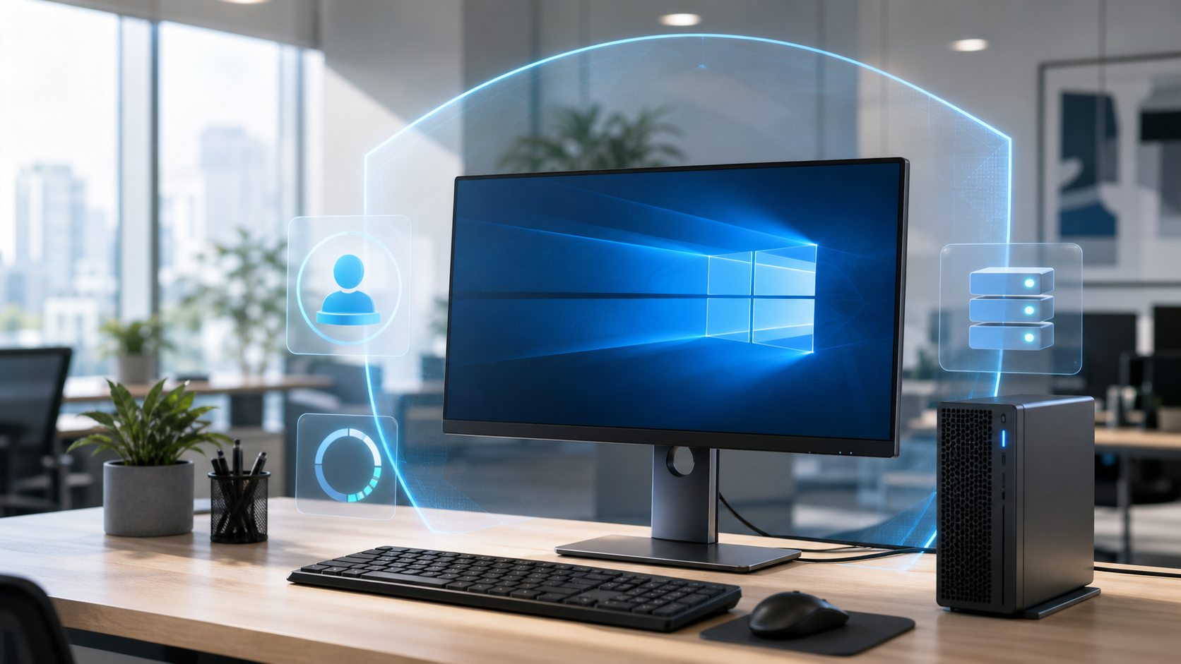 Ilustrasi konsep utama Keamanan dan Stabilitas Workstation Windows di Lingkungan Kantor