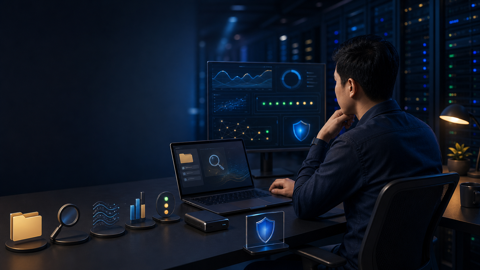 Ilustrasi dashboard operasional Linux server dengan log dan network tools