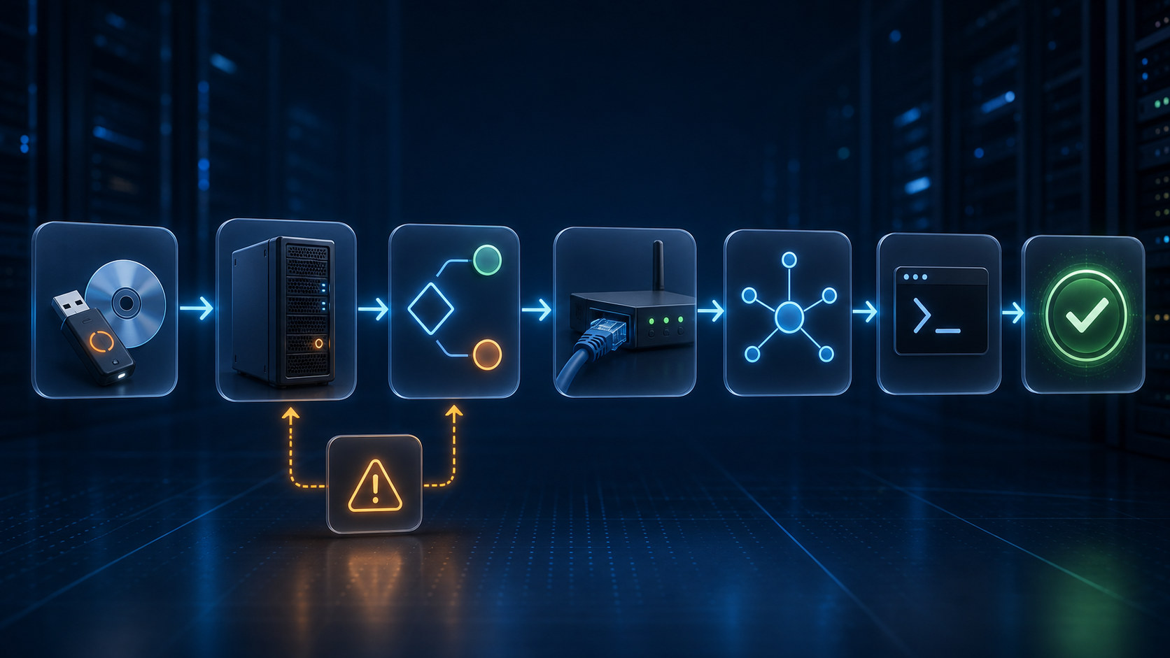 Diagram alur troubleshooting Tutorial Install Linux Server dari Awal sampai Siap Dipakai